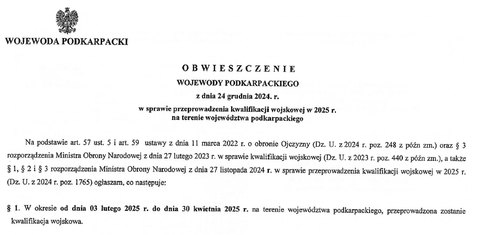 Obwieszczenie w sprawie kwalifikacji wojskowej w 2025 r.